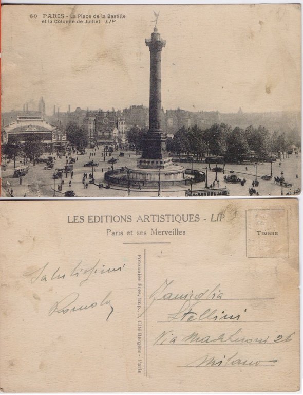 Cartolina - Paris. La Place de la Bastille  e le Colonne de Juillet.  Viaggiata