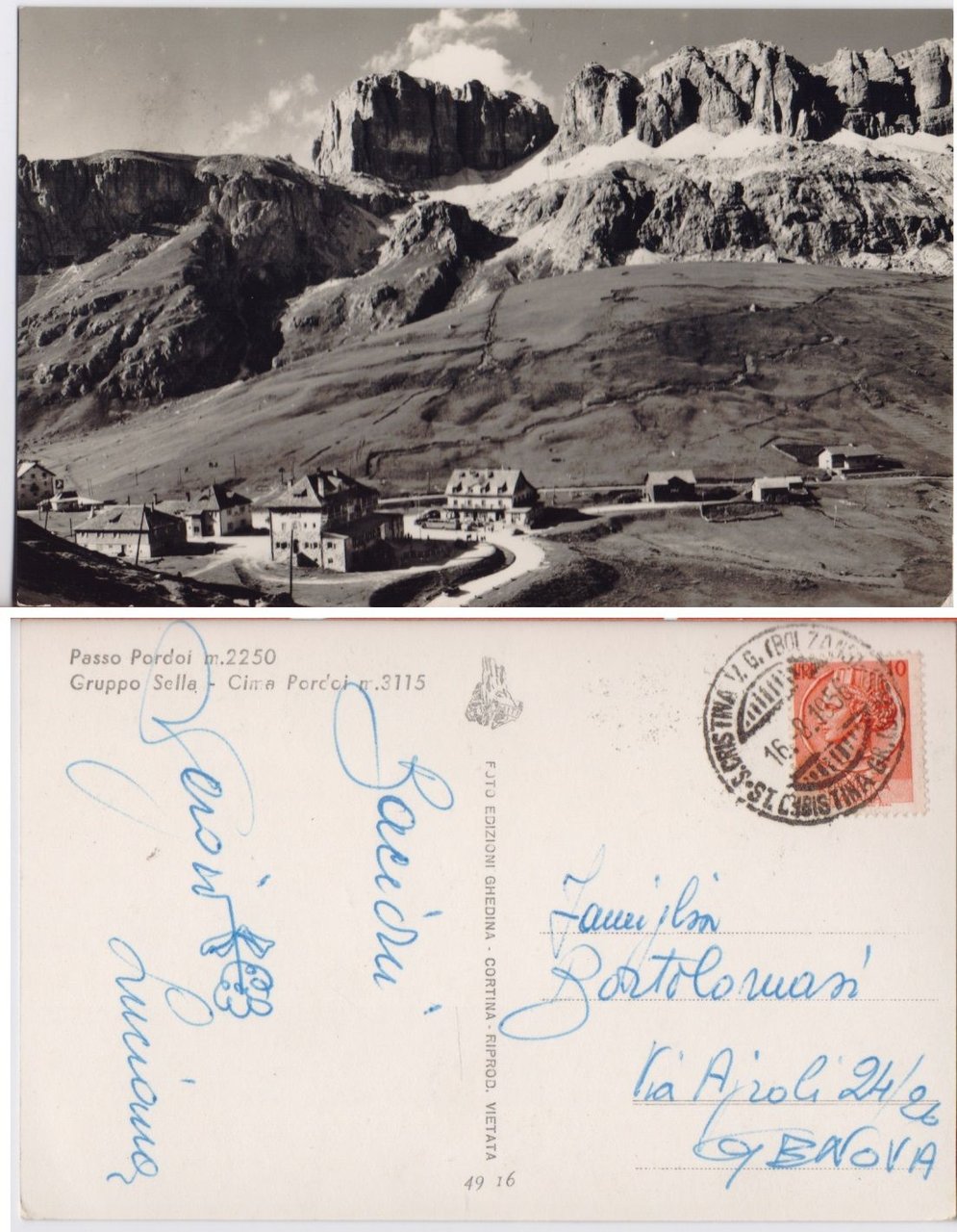 Cartolina - Passo Pordoi. Cima Pordoi. Viaggiata 1956