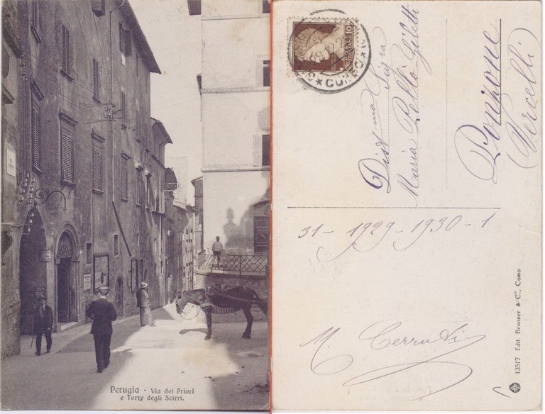 Cartolina - Perugia. Via dei Priori e Torre degli Scirri. Viaggiata 1929, animata