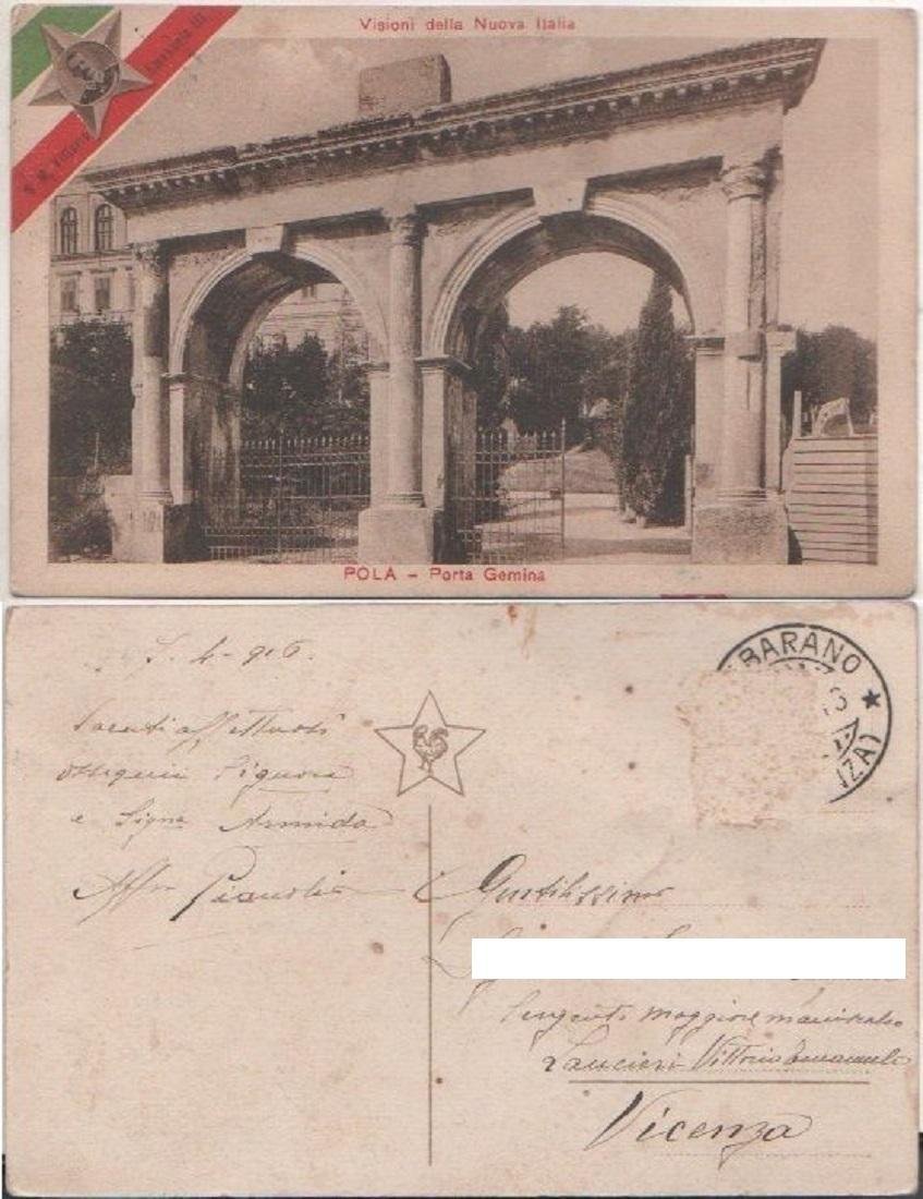 Cartolina - Pola. Porta Gemina - Viaggiata 1916