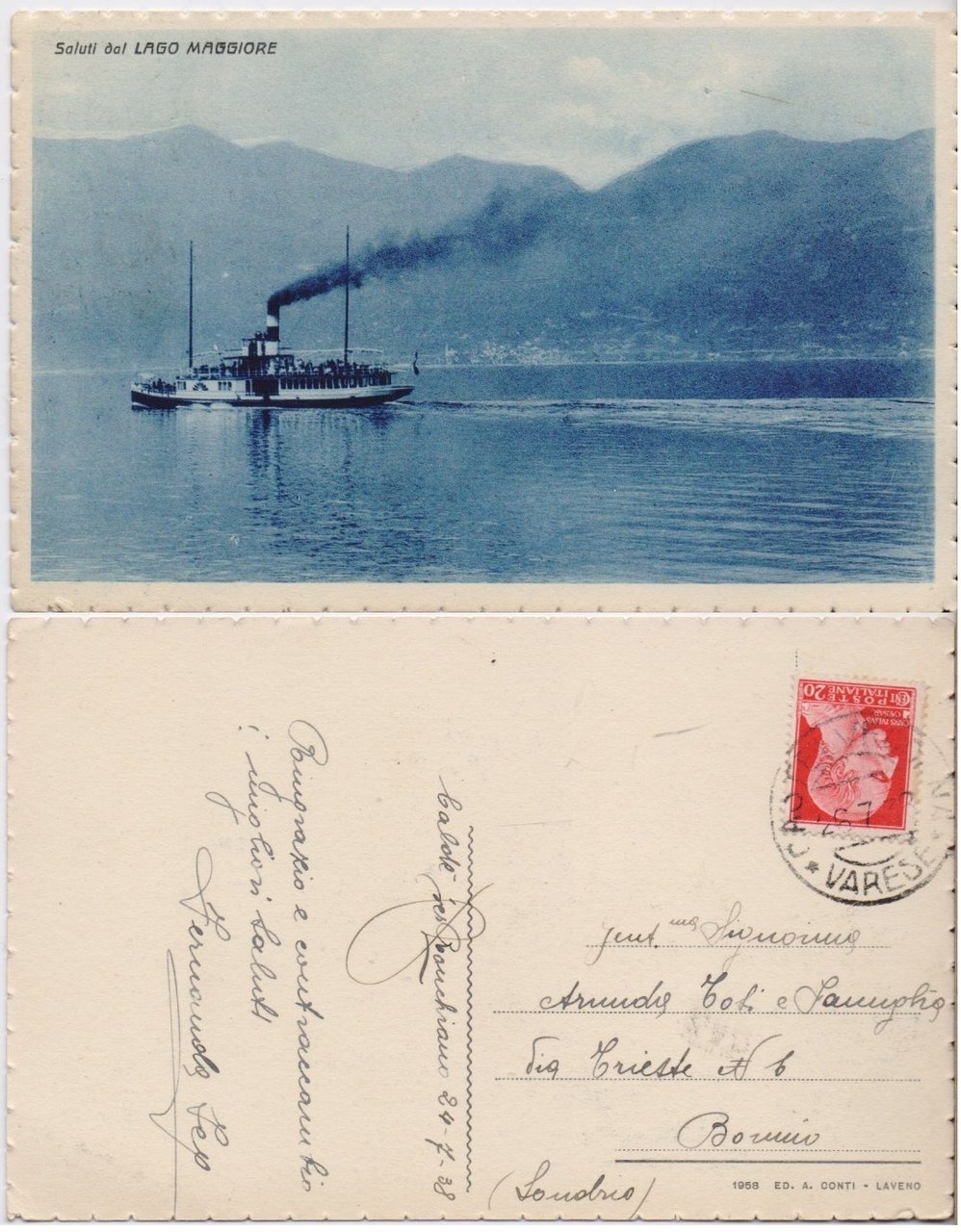 Cartolina - Saluti dal Lago Maggiore. Viaggiata 1928, Battello