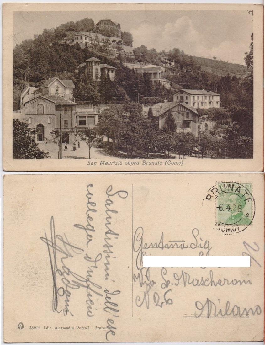 Cartolina - San Maurizio sopra Brunate (Como). Viaggiata 1926
