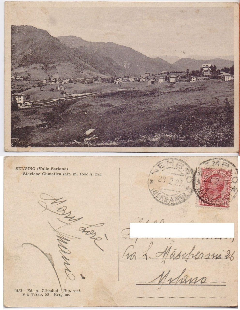 Cartolina - Selvino (Valle Seriana). Stazione climatica. Viaggiata 1922