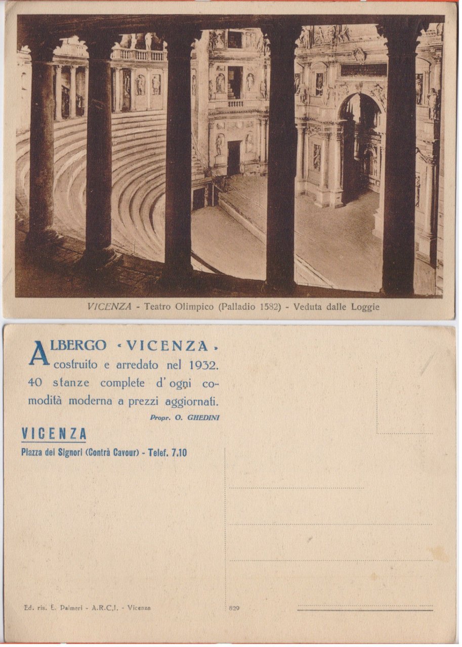Cartolina - Teatro Olimpico (Palladio). Cartolina pubblicitaria Albergo Vicenza