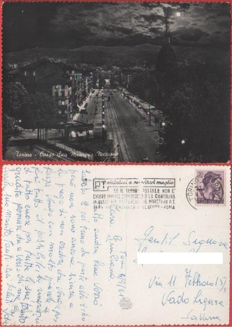 Cartolina - Torino. Corso San Maurizio. Notturno. Viaggiata 1961