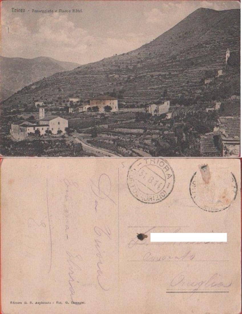 Cartolina - Triora (IM). Passeggiata e Nuovo Hotel. Viaggiata 1914