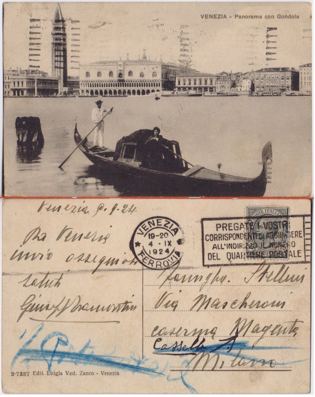 Cartolina - Venezia. Panorama con Gondola. Viaggiata 1924