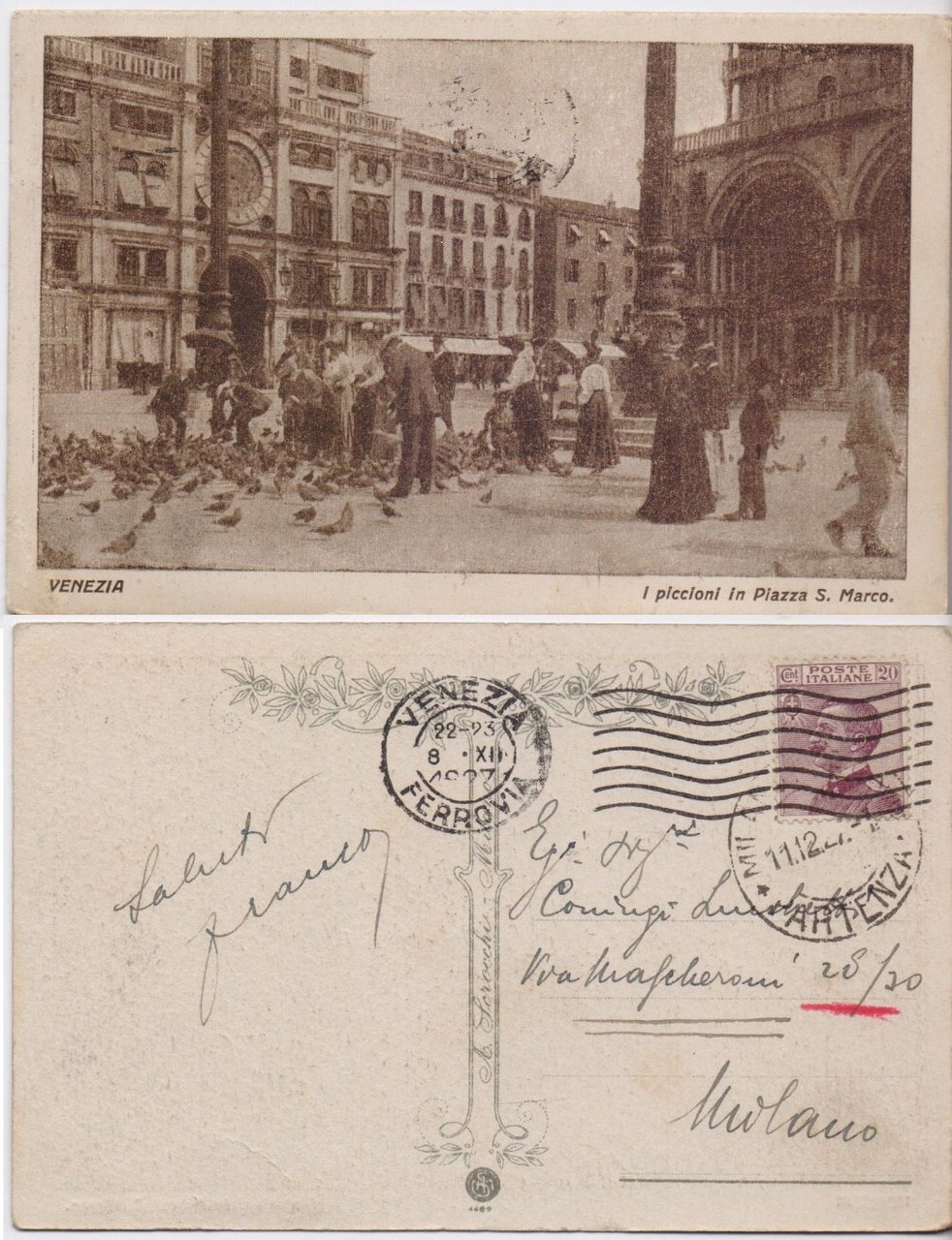 Cartolina - Venezia. Piccioni in Piazza S. Marco. Viaggiata 1927, …
