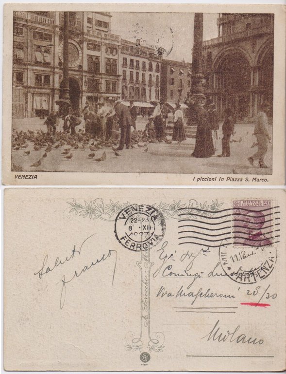 Cartolina - Venezia. Piccioni in Piazza S. Marco. Viaggiata 1927, animata