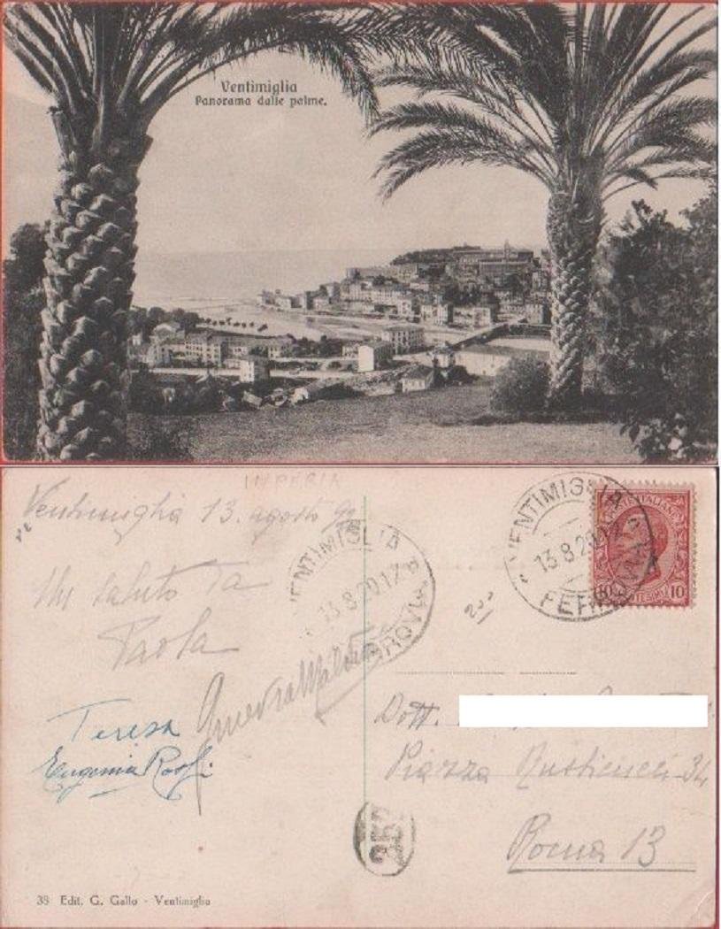 Cartolina - Ventimiglia. Panorama dalle Palme. Viaggiata 1912