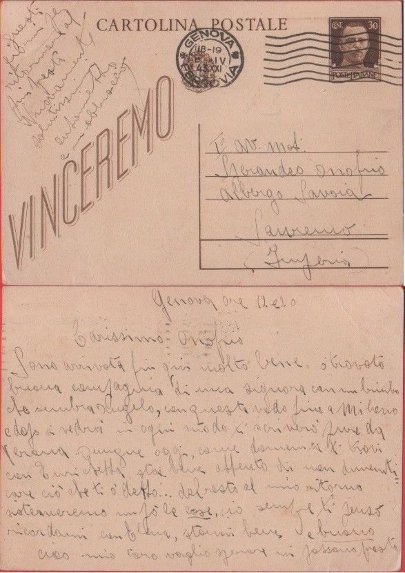 Cartolina - Vinceremo. 30 cent. Viaggiata 1943