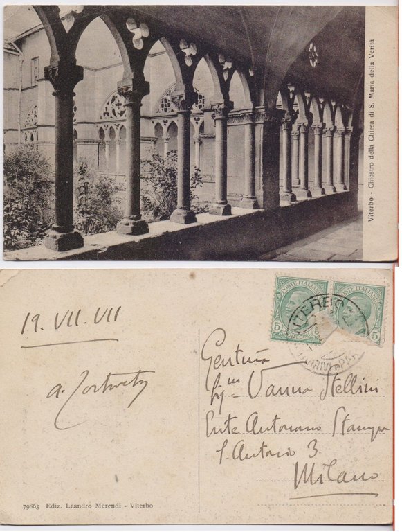 Cartolina - Viterbo. Chiostro della Chiesa di S. Maria della Verità. Viaggiata 1928