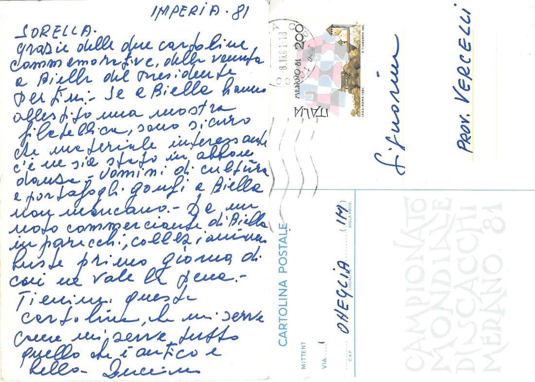 Cartolina Campionato Mondiale di scacchi. Merano 1981. Viaggiata 1981