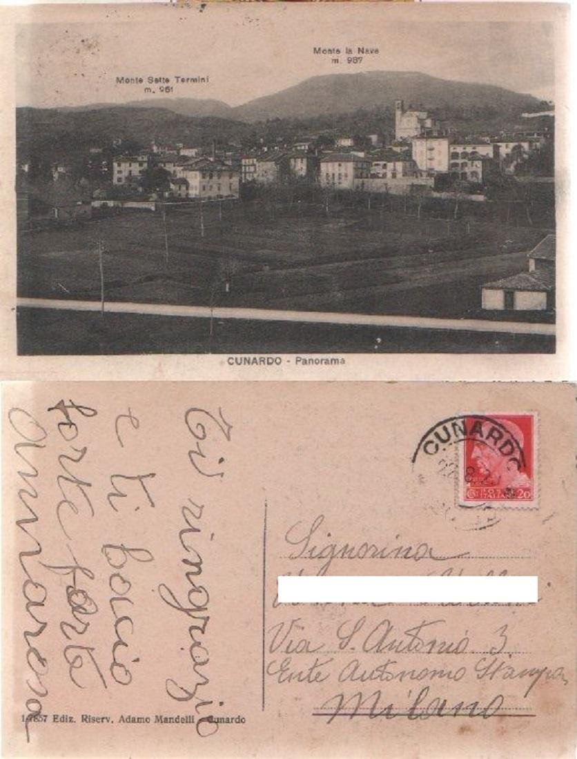 Cartolina. Cunardo (VA). Panorama. Viaggiata 1920
