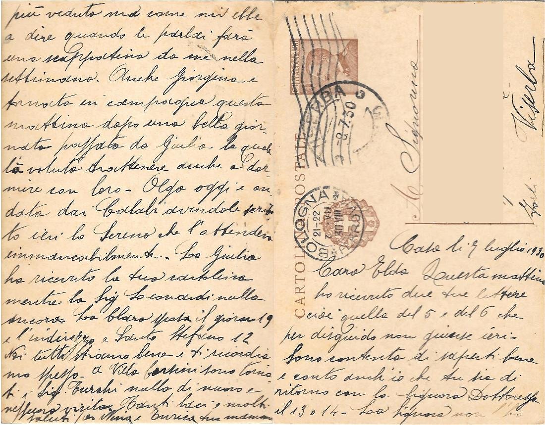 Cartolina postale da Bologna a Viserba. Viaggiata 1930
