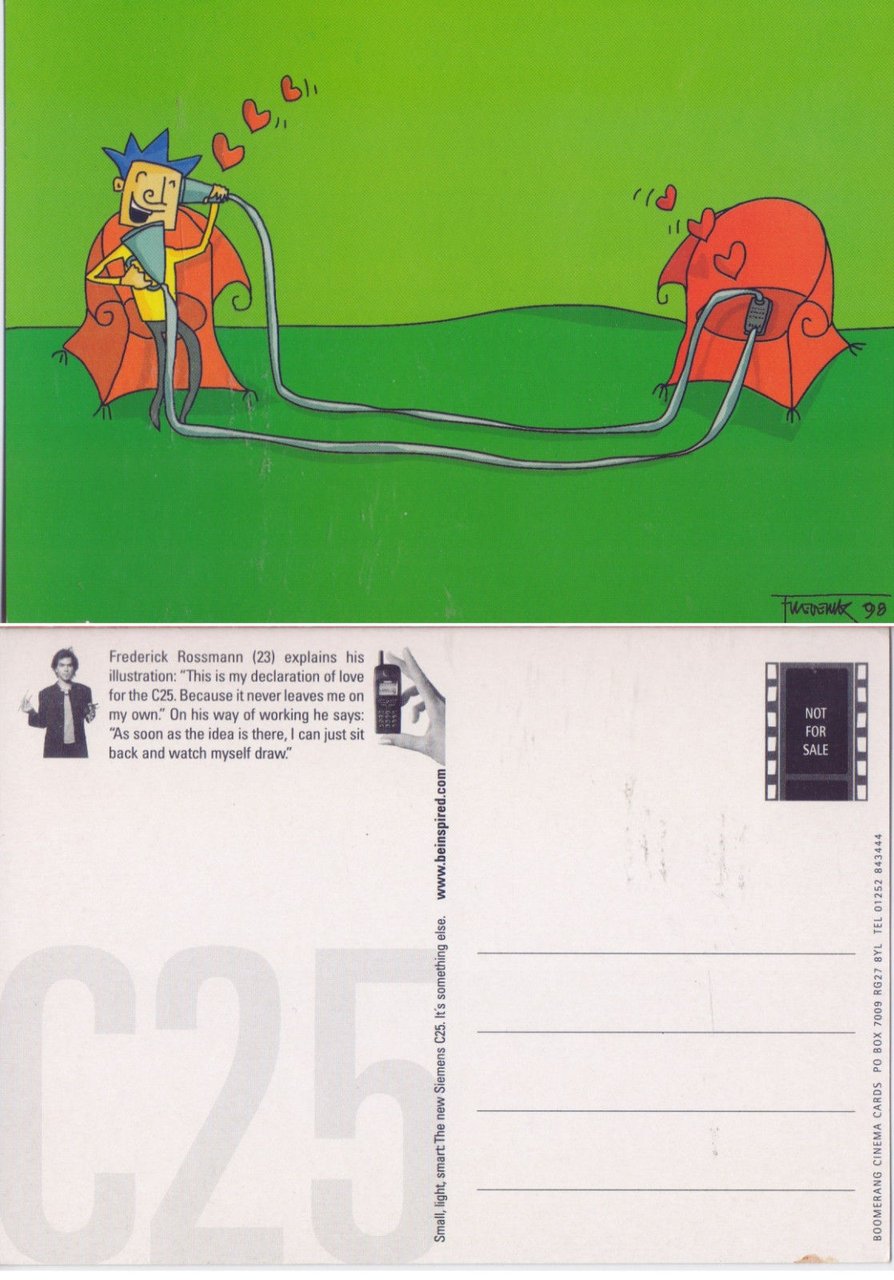 Cartolina pubblicitaria Siemens C25 illustrata da Frederick Rossmann