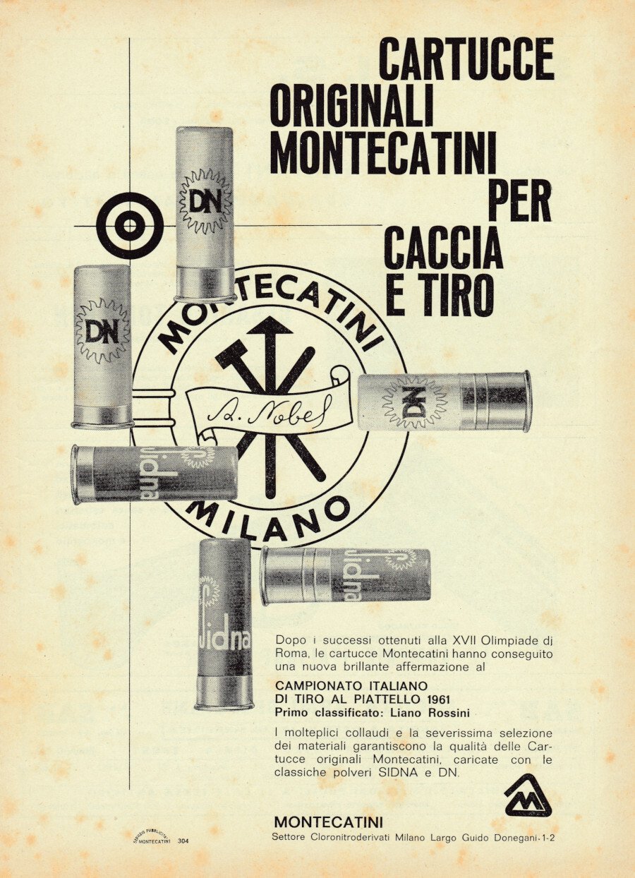 Cartucce originali Montecatini per caccia e tiro. Advertising 1961