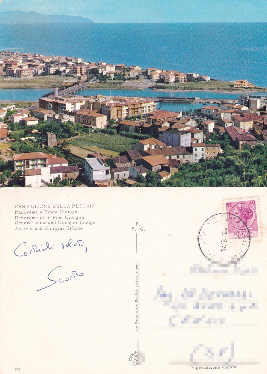 Castiglion della Pescaia (GR). Panorama e ponte Giorgini. Viaggiata 1974