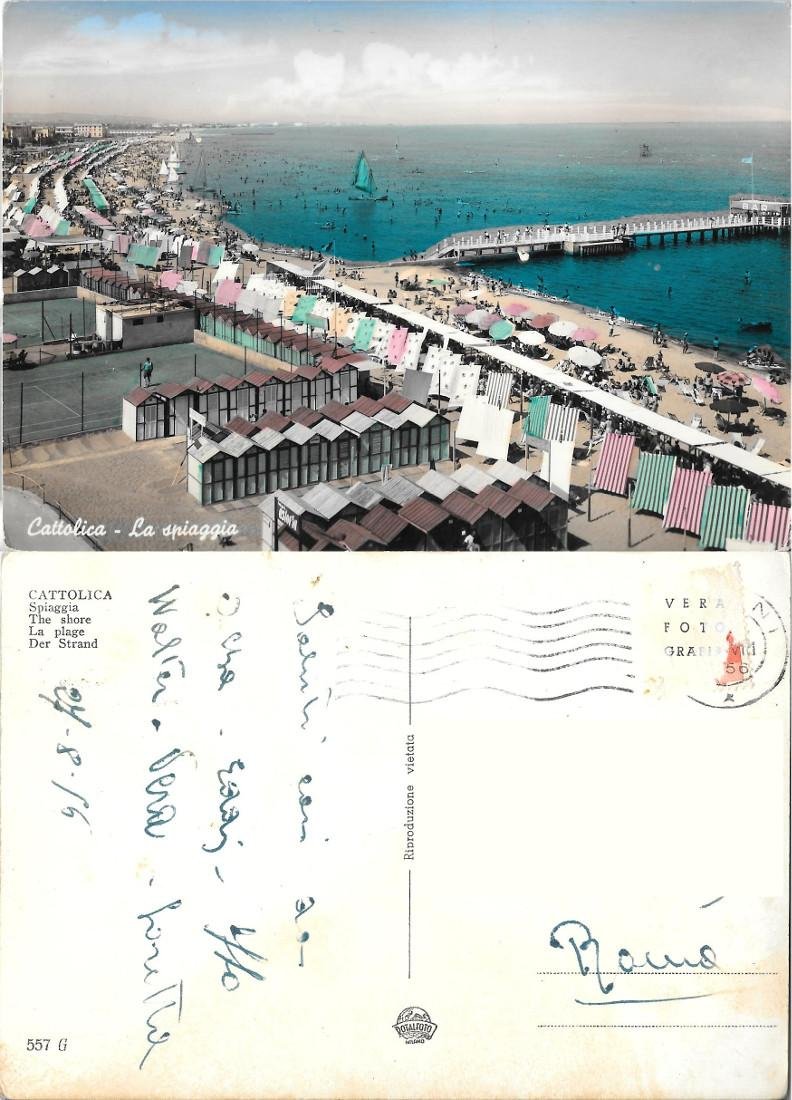 Cattolica. La spiaggia. Viaggiata 1956