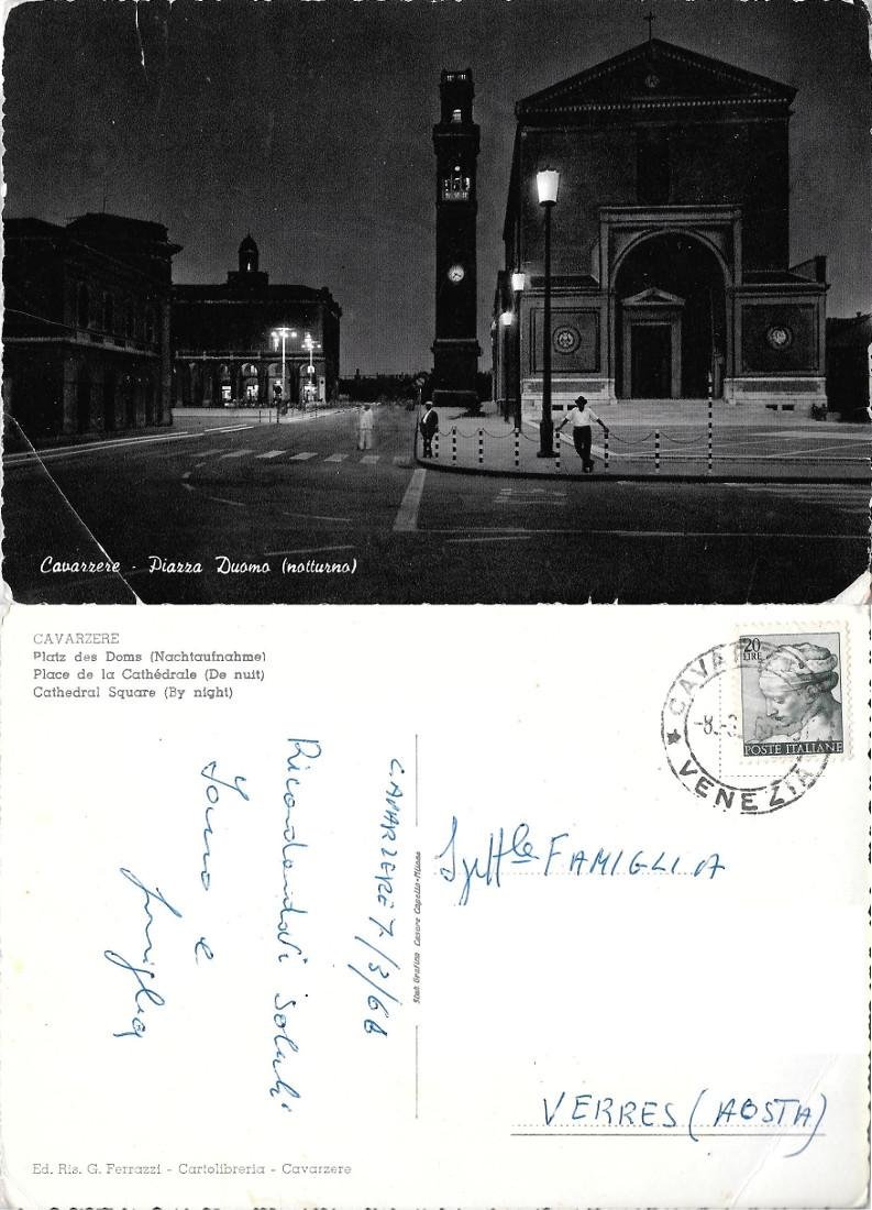 Cavarzese. Piazza Duomo, notturno. Viaggiata 1966