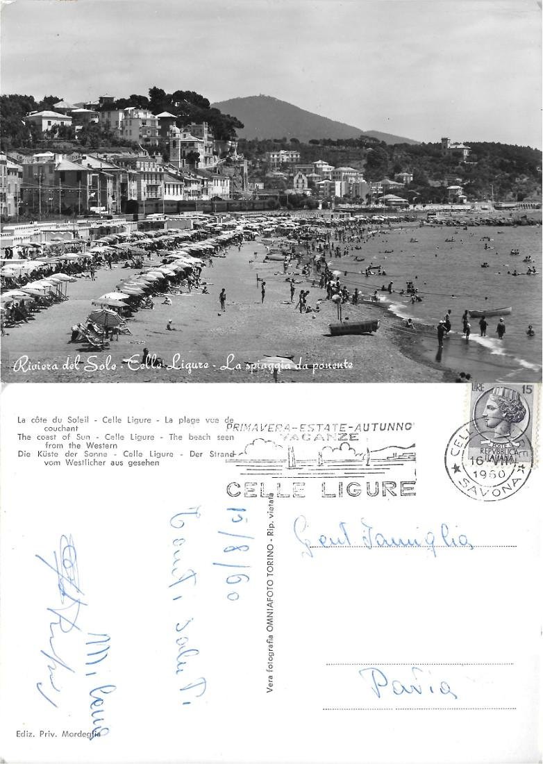 Celle Ligure. Spiaggia da ponente. Viaggiata 1960