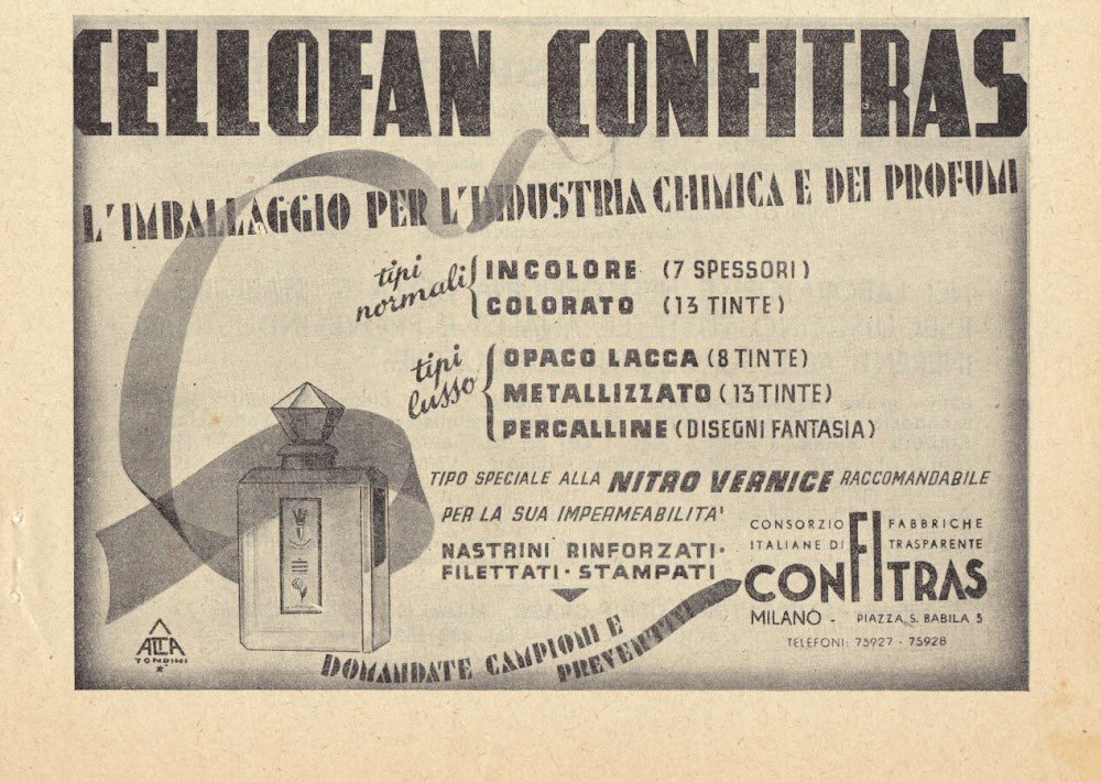 Cellofan Confitras. L'imballaggio per l'industria chimica e dei profumi. Advertising …