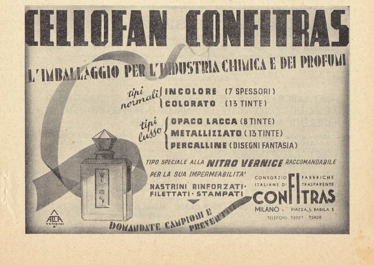 Cellofan Confitras. L'imballaggio per l'industria chimica e dei profumi. Advertising  1942