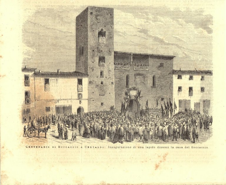 Centenario di Boccaccio a Certaldo. Inaugurazione di una lapide. Stampa 1876