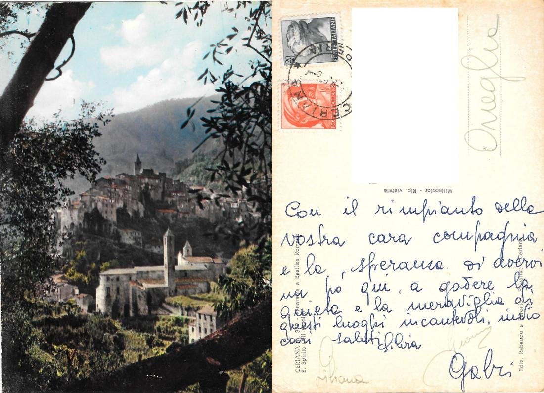 Ceriana (IM). Panorama e Basilica Romana S. Spirito. Viaggiata 1968