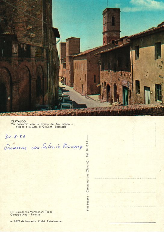 Certaldo (FI). Via Boccaccio con la chiesa SS. Jacopo e Filippo. Non viaggiata