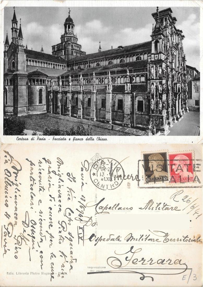 Certosa di Pavia. Facciata e fianco della chiesa. Viaggiata 1941