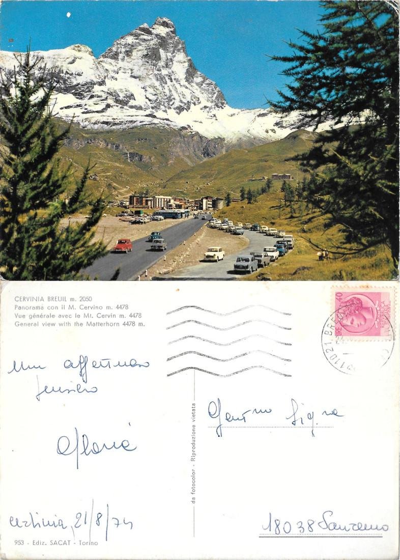 Cervinia Breuil. Panorama con il M. Cervino. Viaggiata 1974