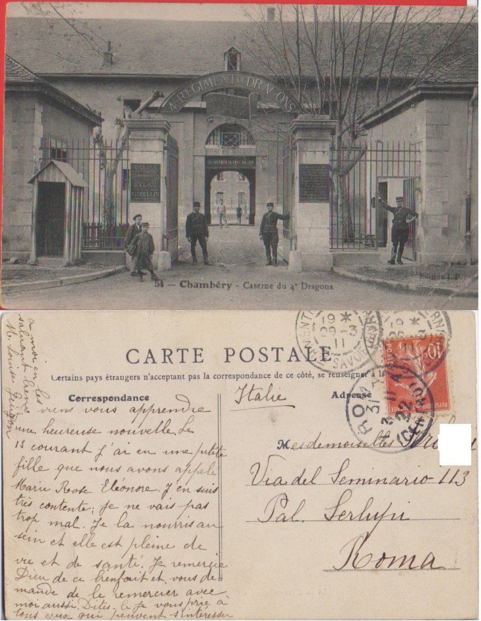 Chambéry. Caserne du 4^ Dragons. Viaggiata 1908