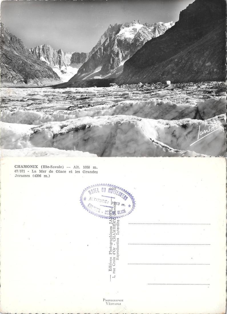 Chamonix. La Mer de Glace et les Grandes Jorasses. Timbro …