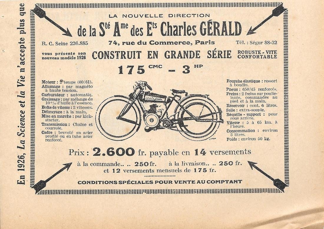 Charles Gerald. Model D 175 cmc 3 HP. Pubblicita 1926