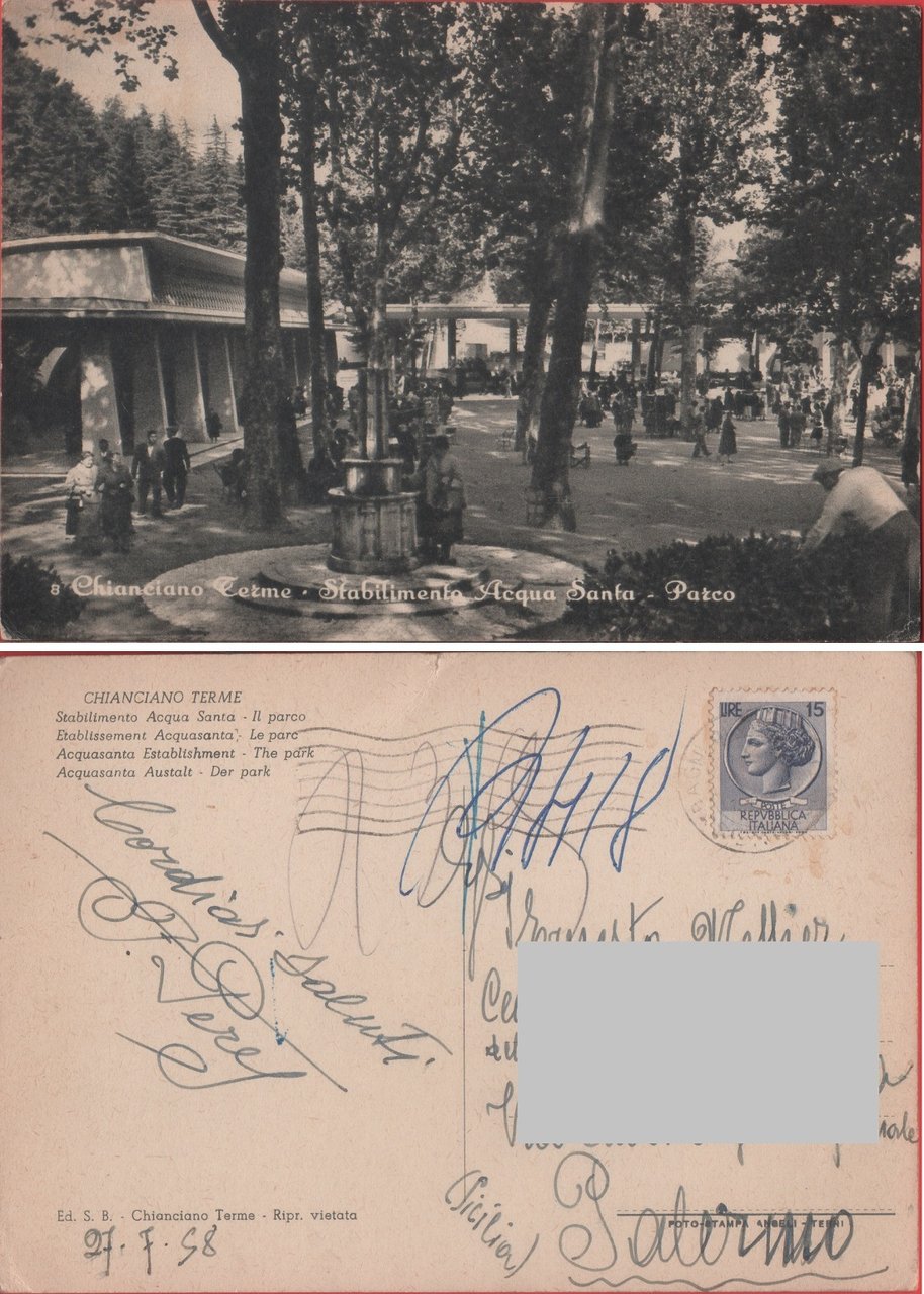 Chianciano (SI). Stabilimento Acqua Santa. Parco. Viaggiata 1958