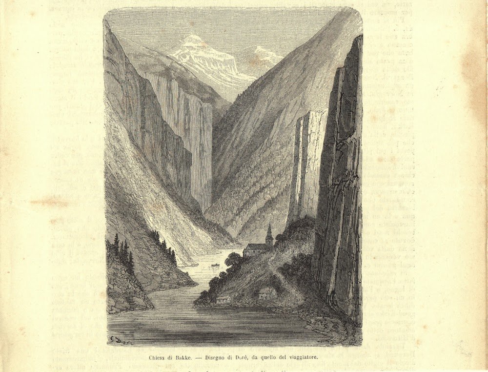Chiesa di Bakke (Norvegia). Stampa 1863. Dis. Dorè