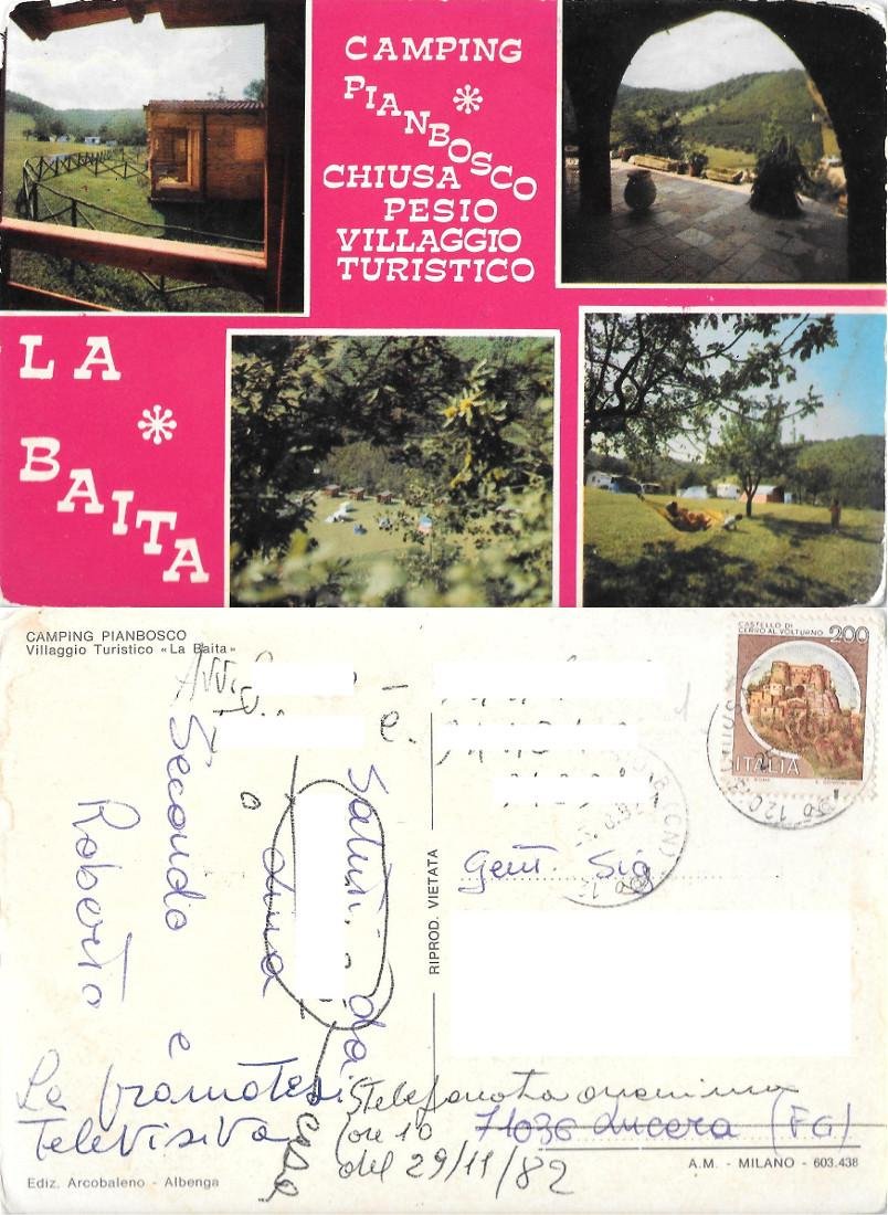 Chiusapesio (CN). Camping Pianbosco. Villaggio turistico La Baita. Viaggiata