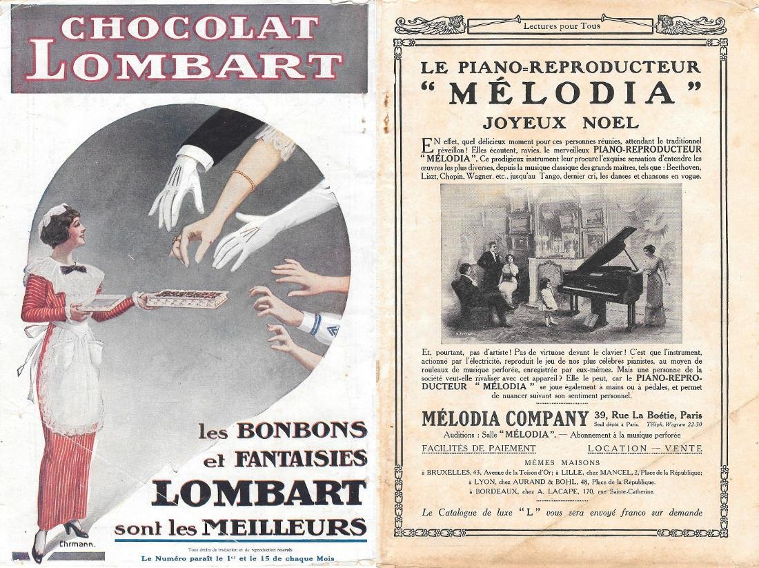 Chocolat Lombard / Piano reproducteur Melodia. Pubblicita 1914 fronte retro