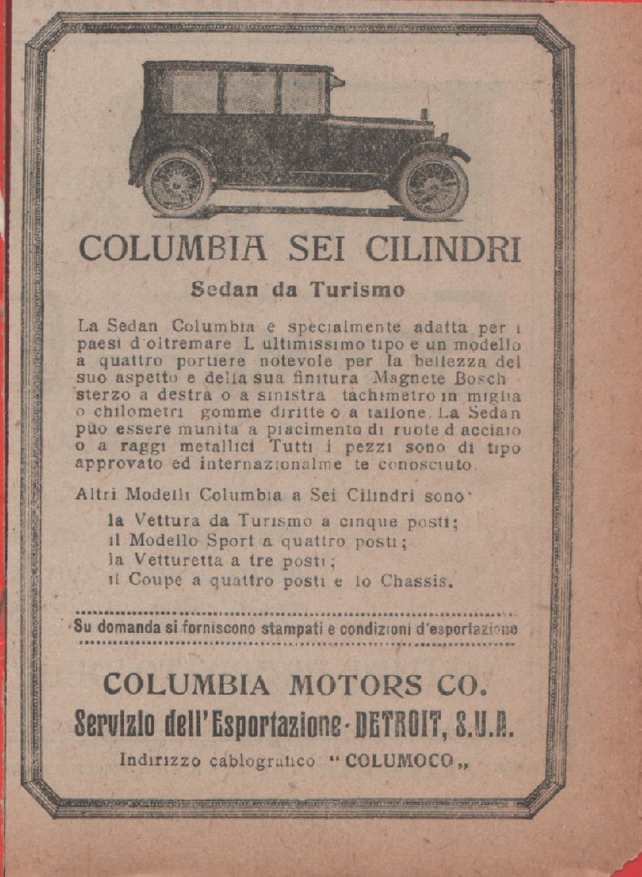 Columbia sei cilindri. Sedan da Turismo. Advertising 1920