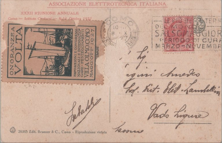 Como. Istituto G. Carducci. Ass. Elletrotecnica It.. XXXII riunione. Errinofilo …