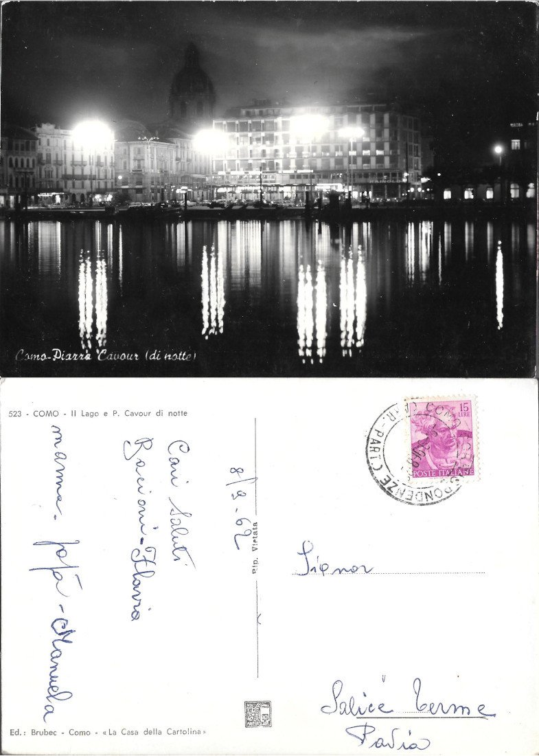 Como Piazza. Cavour di notte. Viaggiata 1962