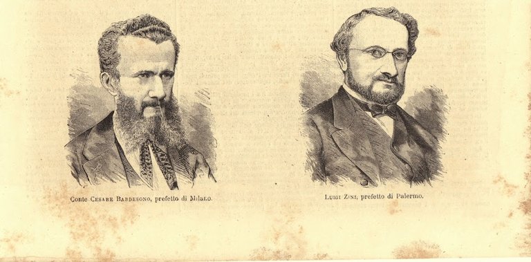conte Cesare Bardesono, prefetto di Milano; Luigi Zini, prefetto di Palermo. Stampa 1876