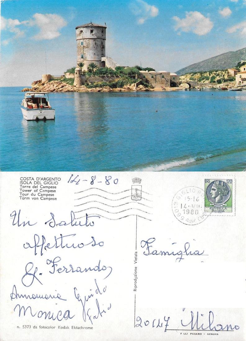 Costa d'Argento. Isola del Giglio. Torre del Campese. Viaggiata 1980