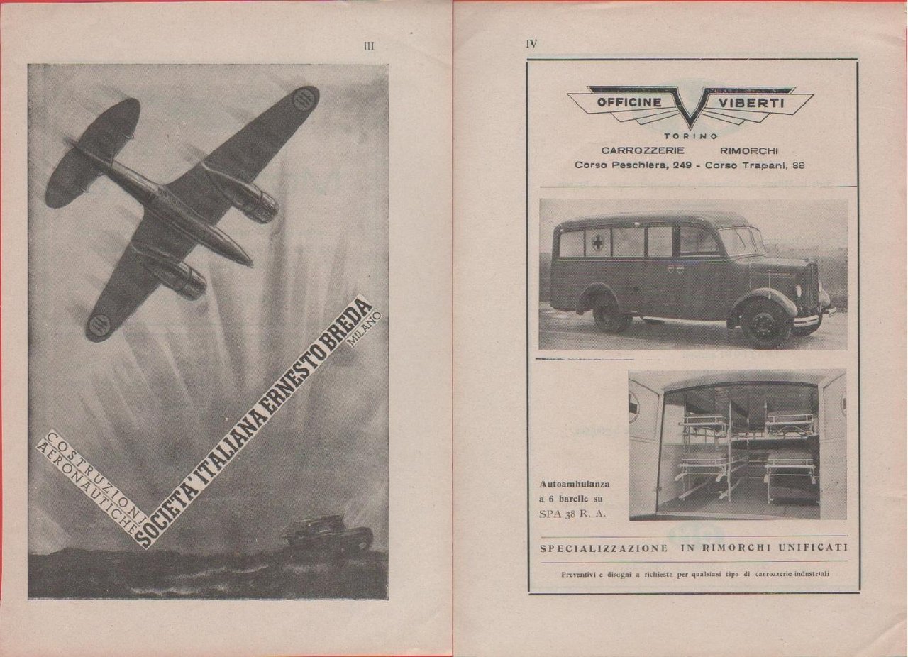Costruzioni Aeronautiche Breda/Ambulanza Viberti. Pubblicità 1940. Fronte retro