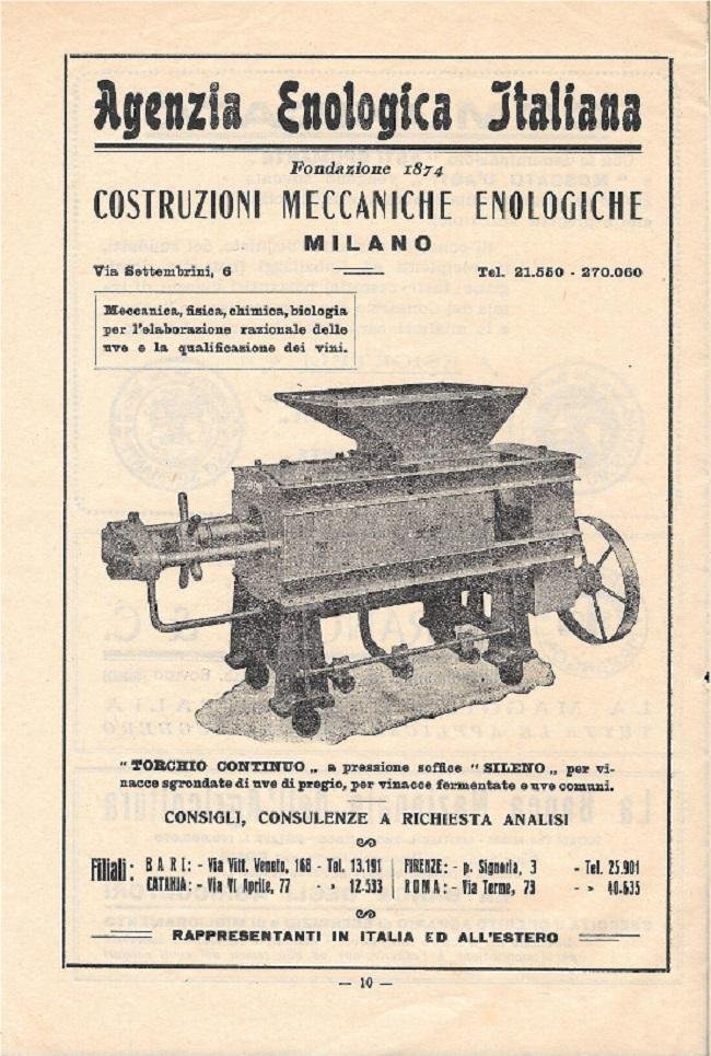 Costruzioni Meccaniche Enologiche Milano. Pubblicità 1948