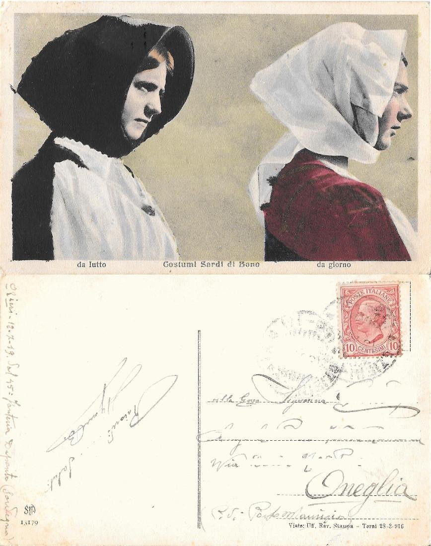 Costumi sardi di Bono. Da lutto da giorno. Viaggiata 1919
