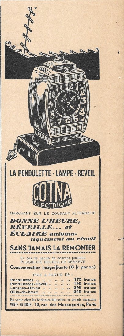 Cotna Electrique, la penduette, lampe, reveil - Advertising 1931