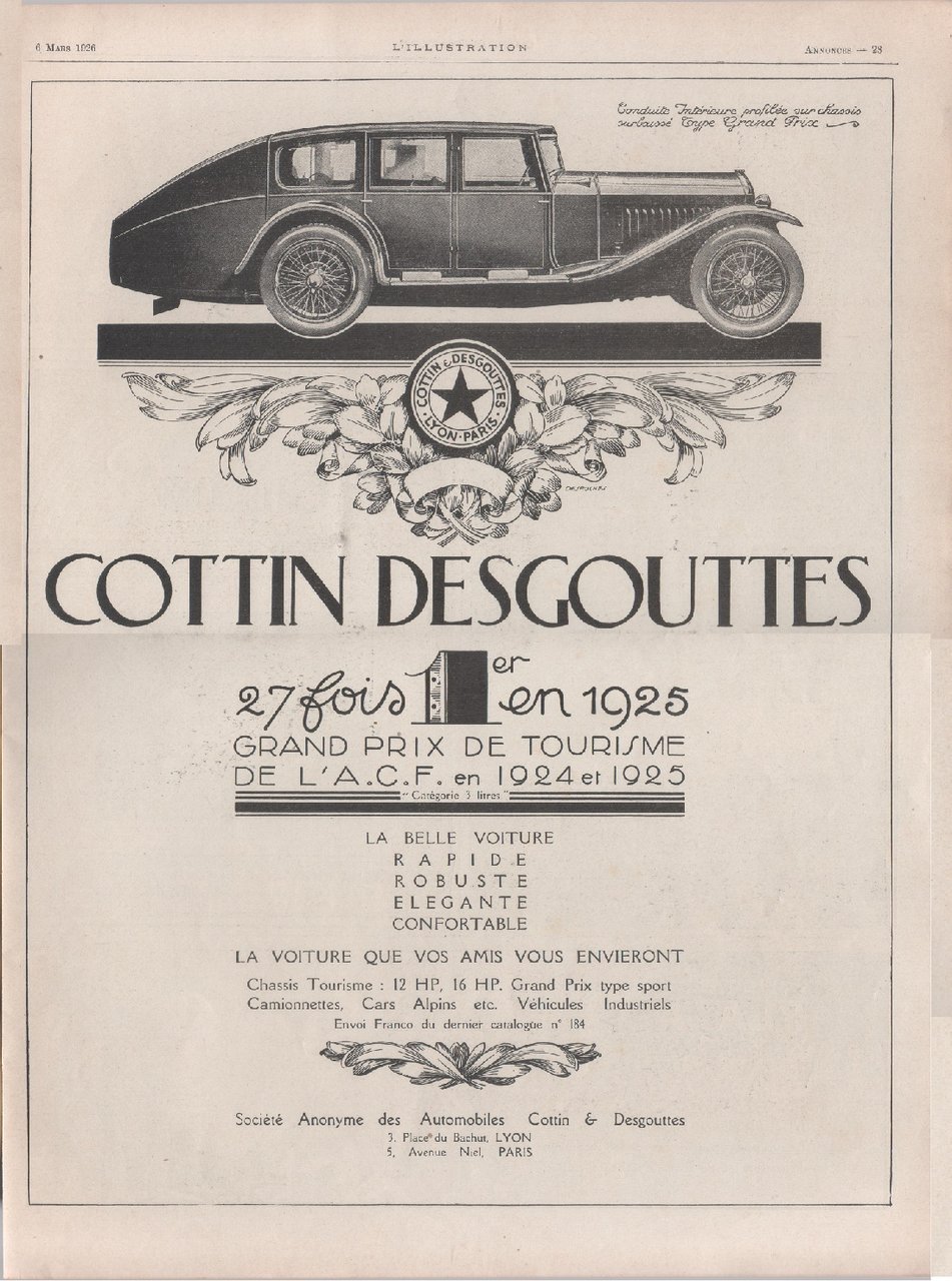 Cottin Desgouttes, 27 fois 1er en 1925. Advertising 1926