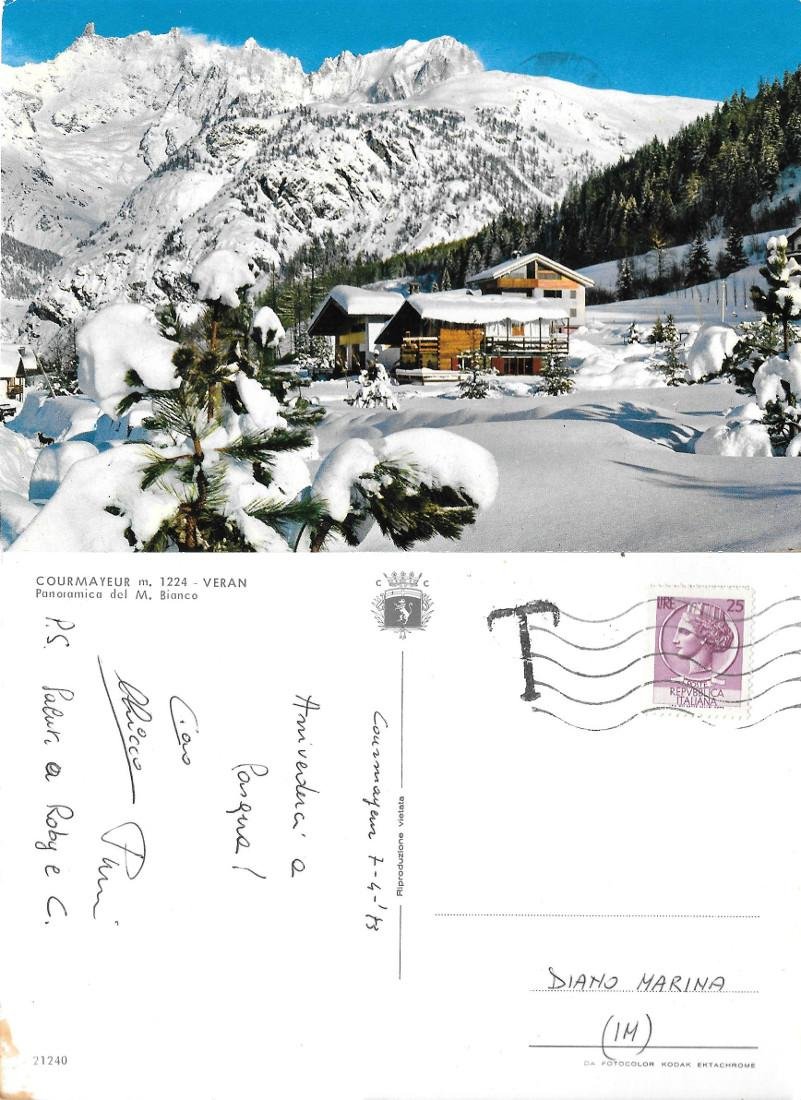 Courmayer. Veran. Panoramica del Monte Bianco. Viaggiata 1973